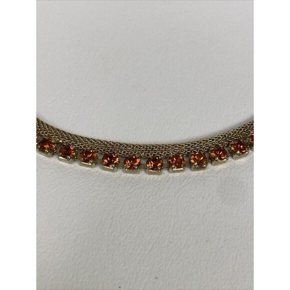 Weiss Gold Tone Mesh Amber Orange Rhinestone Necklace & Bracelet Set Vintage - Picture 7 of 16
